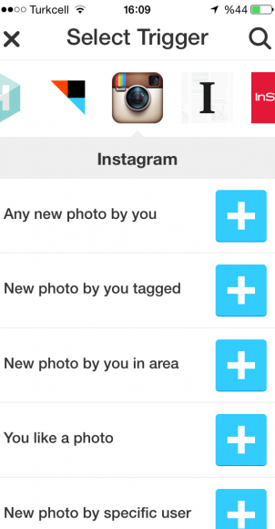 Biz Instagram’a fotoğraf yüklediğimiz durumda başlamasını istiyoruz o yüzden tepeden Instagram’ı, sonra da ‘Any new photo by you’ seçeneğini seçiyoruz